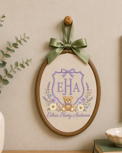 Personalized Monogram Teddy Bear Embroidered Ornament, Custom Baby Name Hoop, Floral Initial Nursery Decor, Newborn Keepsake, Baby Gift