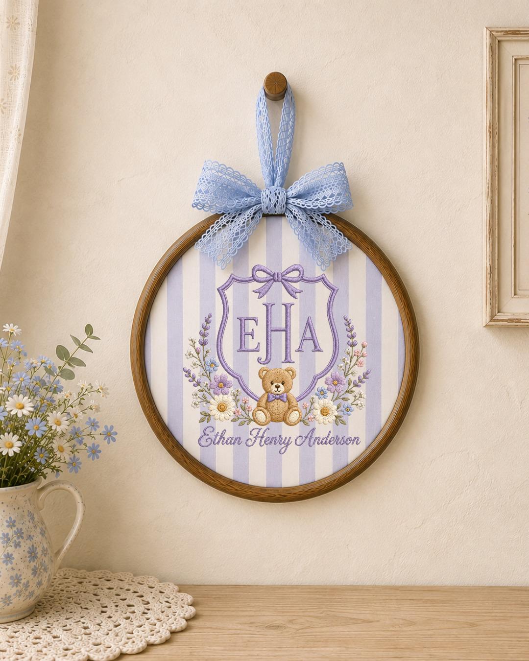 Personalized Monogram Teddy Bear Embroidered Ornament, Custom Baby Name Hoop, Floral Initial Nursery Decor, Newborn Keepsake, Baby Gift
