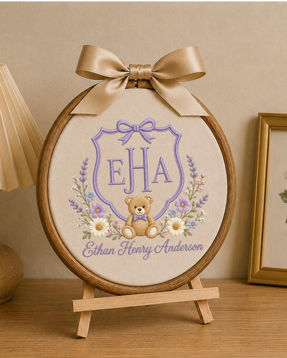Personalized Monogram Teddy Bear Embroidered Ornament, Custom Baby Name Hoop, Floral Initial Nursery Decor, Newborn Keepsake, Baby Gift