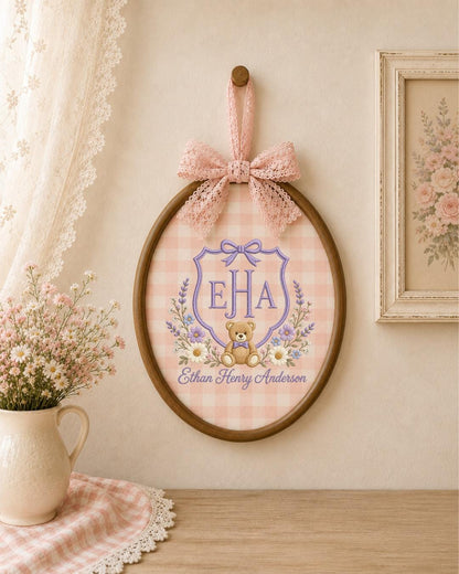 Personalized Monogram Teddy Bear Embroidered Ornament, Custom Baby Name Hoop, Floral Initial Nursery Decor, Newborn Keepsake, Baby Gift
