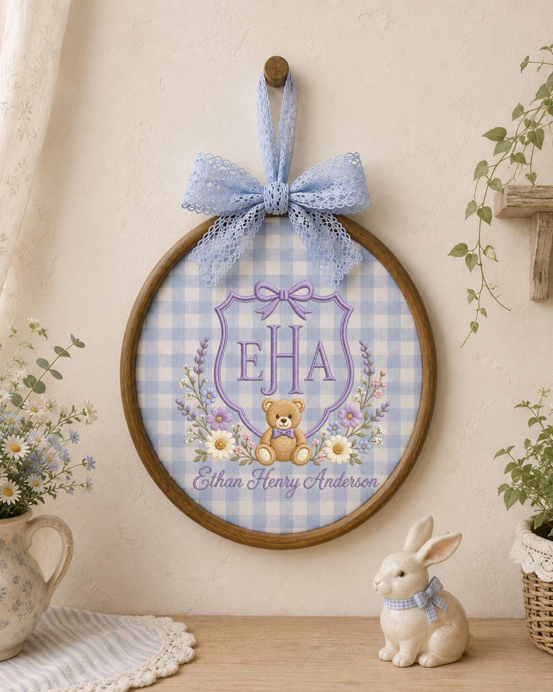 Personalized Monogram Teddy Bear Embroidered Ornament, Custom Baby Name Hoop, Floral Initial Nursery Decor, Newborn Keepsake, Baby Gift