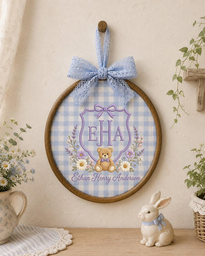 Personalized Monogram Teddy Bear Embroidered Ornament, Custom Baby Name Hoop, Floral Initial Nursery Decor, Newborn Keepsake, Baby Gift