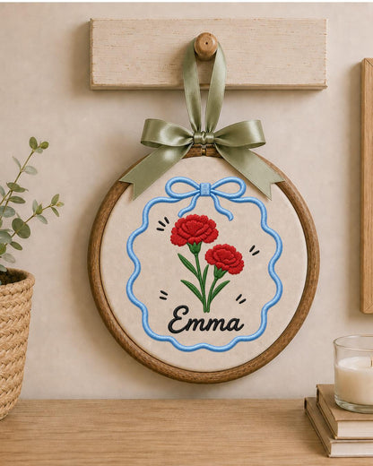 Personalized Carnation Embroidered Ornament, Custom Name Floral Hoop, Birth Flower Gift, Red Flower Decor, Personalized Keepsake