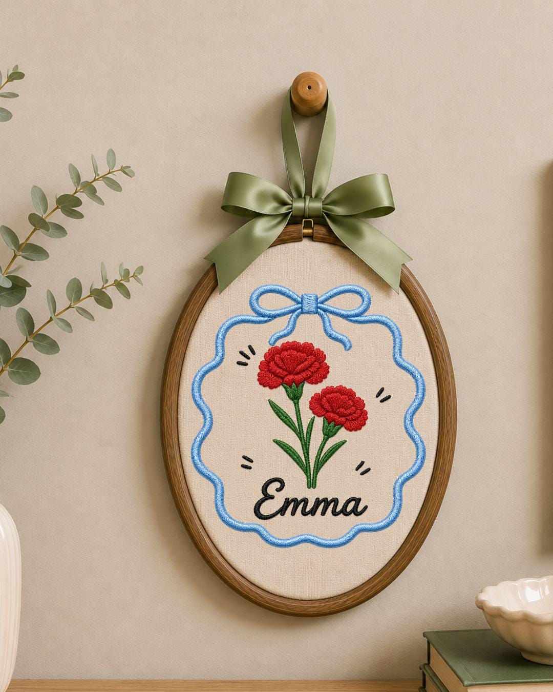 Personalized Carnation Embroidered Ornament, Custom Name Floral Hoop, Birth Flower Gift, Red Flower Decor, Personalized Keepsake