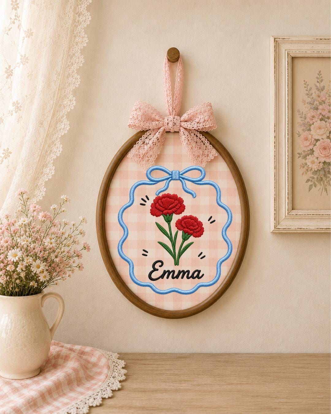 Personalized Carnation Embroidered Ornament, Custom Name Floral Hoop, Birth Flower Gift, Red Flower Decor, Personalized Keepsake