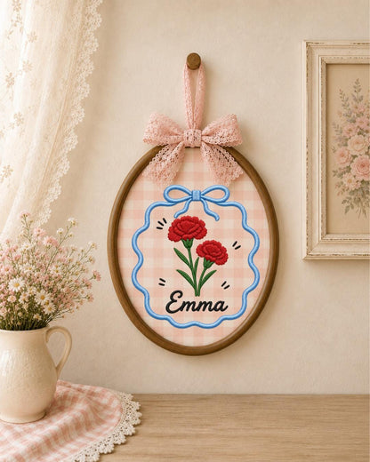 Personalized Carnation Embroidered Ornament, Custom Name Floral Hoop, Birth Flower Gift, Red Flower Decor, Personalized Keepsake