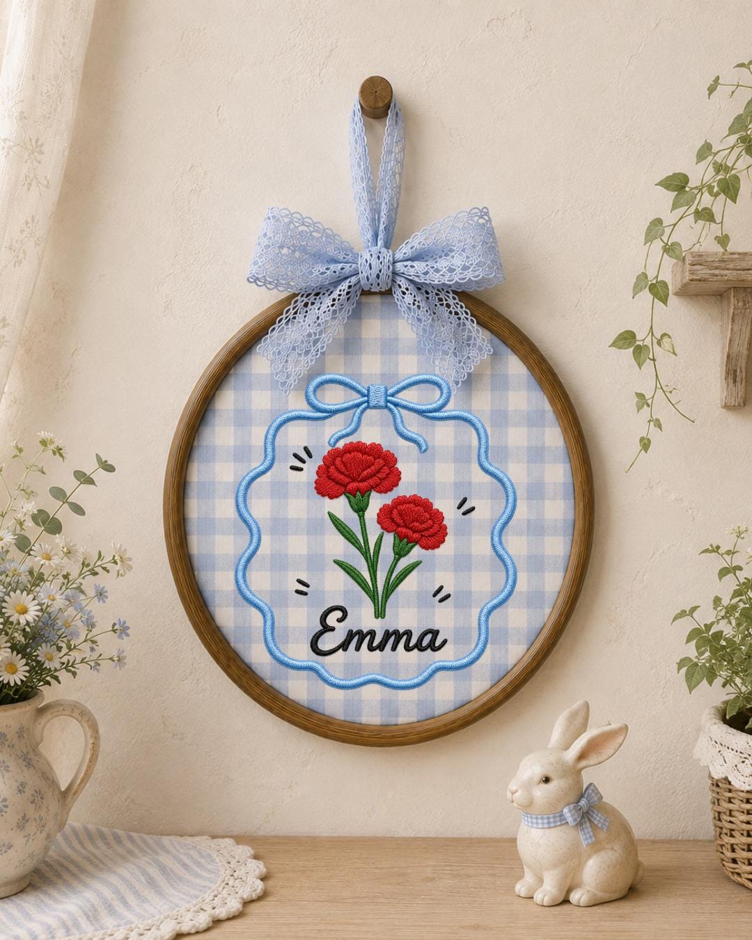 Personalized Carnation Embroidered Ornament, Custom Name Floral Hoop, Birth Flower Gift, Red Flower Decor, Personalized Keepsake