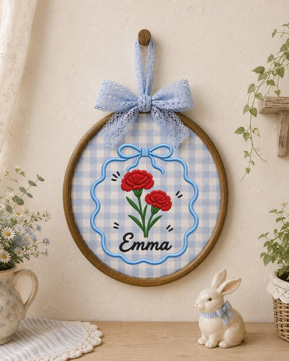Personalized Carnation Embroidered Ornament, Custom Name Floral Hoop, Birth Flower Gift, Red Flower Decor, Personalized Keepsake