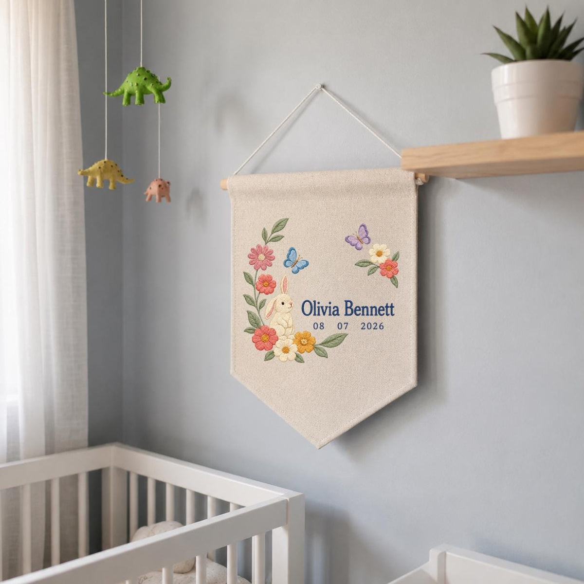 Personalized Bunny Canvas Pennant Banner, Custom Name Olivia Bennett Floral Butterfly Embroidered Baby Girl Nursery Wall Sign Decor