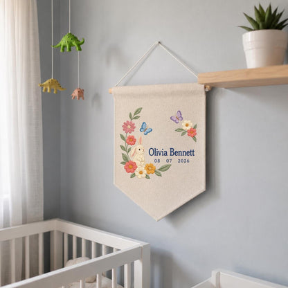Personalized Bunny Canvas Pennant Banner, Custom Name Olivia Bennett Floral Butterfly Embroidered Baby Girl Nursery Wall Sign Decor
