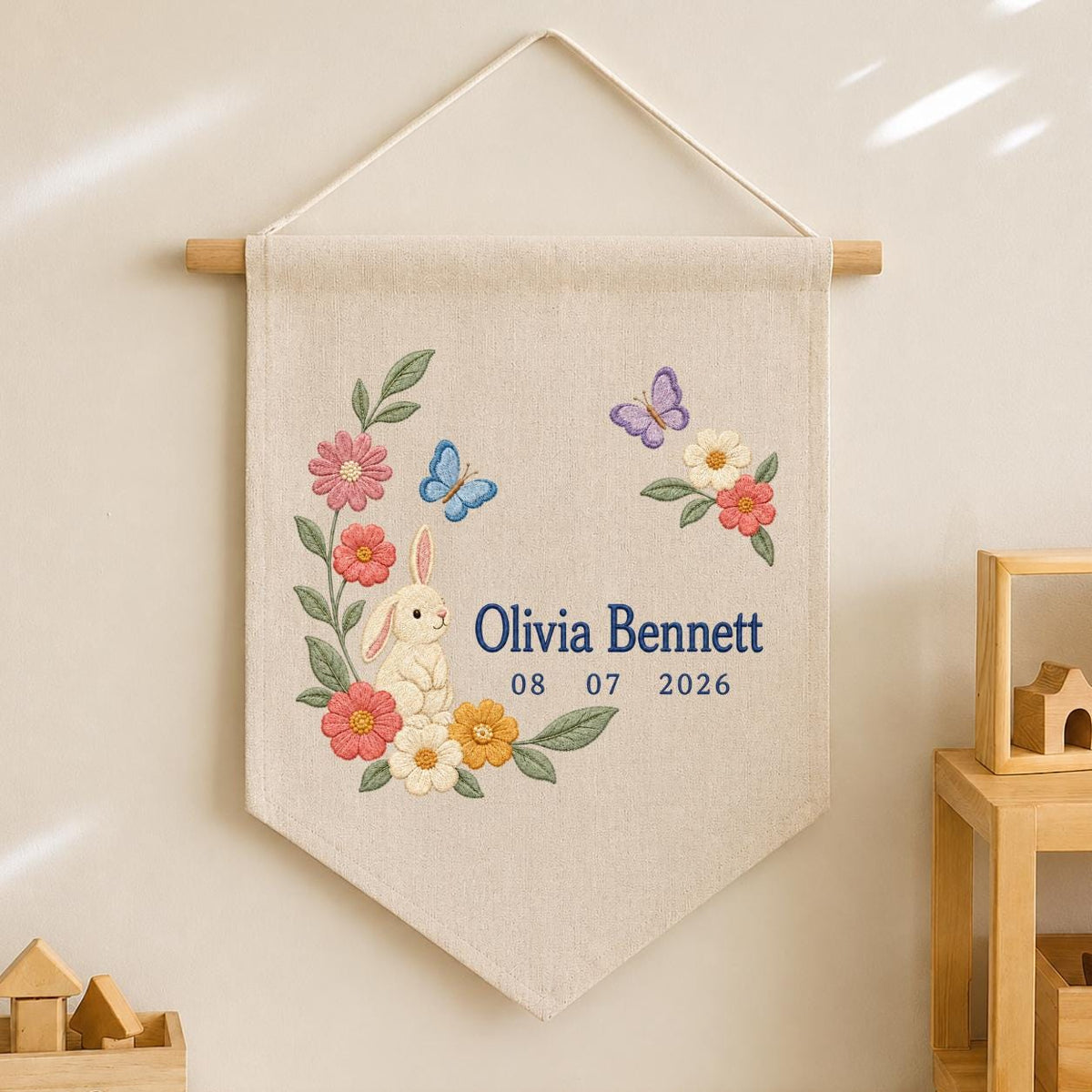 Personalized Bunny Canvas Pennant Banner, Custom Name Olivia Bennett Floral Butterfly Embroidered Baby Girl Nursery Wall Sign Decor