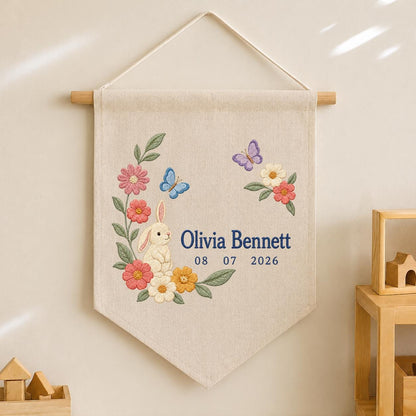 Personalized Bunny Canvas Pennant Banner, Custom Name Olivia Bennett Floral Butterfly Embroidered Baby Girl Nursery Wall Sign Decor