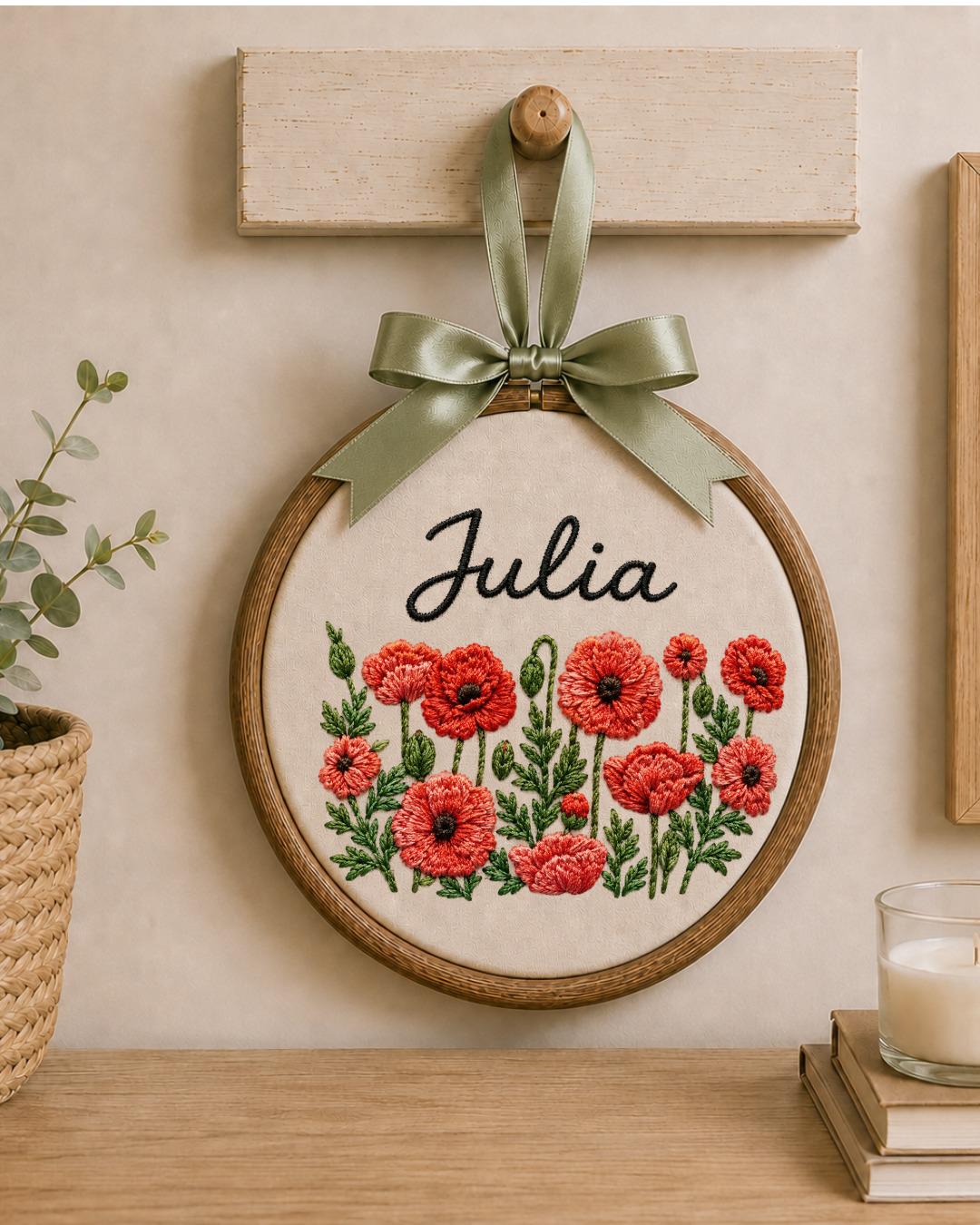 Personalized Birth Flower Embroidered Ornament, Custom Name Floral Hoop, Carnation Poppy Flower Gift, Botanical Keepsake, Nursery Decor