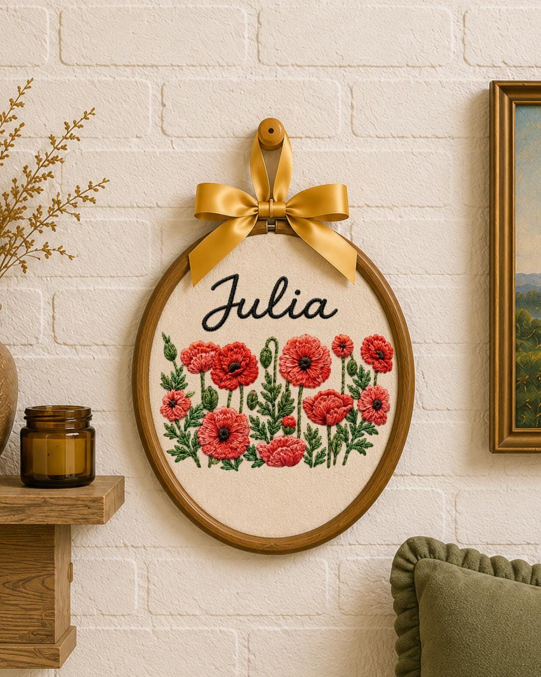 Personalized Birth Flower Embroidered Ornament, Custom Name Floral Hoop, Carnation Poppy Flower Gift, Botanical Keepsake, Nursery Decor