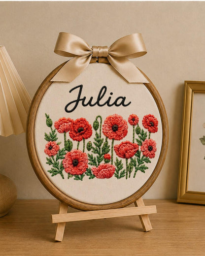 Personalized Birth Flower Embroidered Ornament, Custom Name Floral Hoop, Carnation Poppy Flower Gift, Botanical Keepsake, Nursery Decor