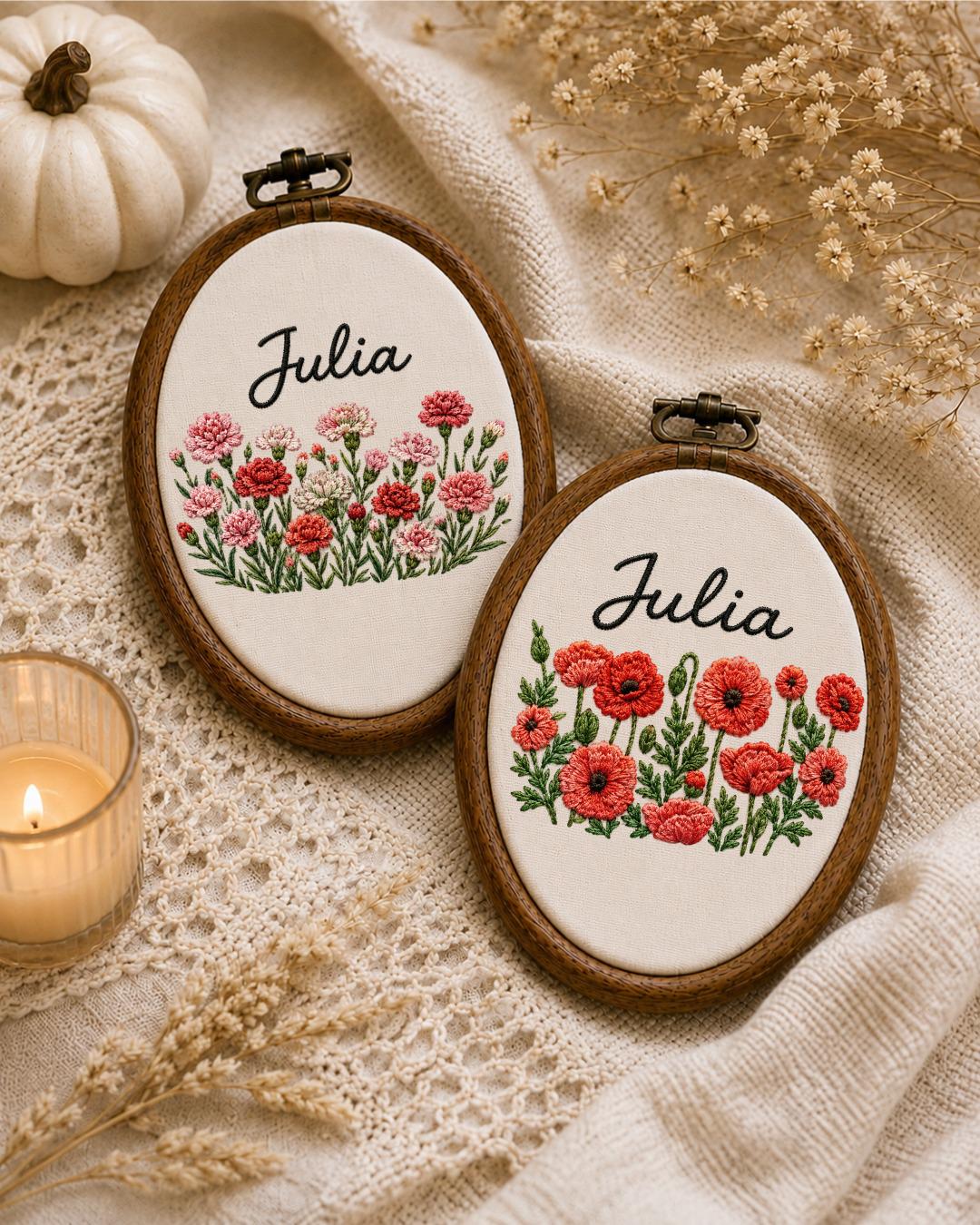 Personalized Birth Flower Embroidered Ornament, Custom Name Floral Hoop, Carnation Poppy Flower Gift, Botanical Keepsake, Nursery Decor