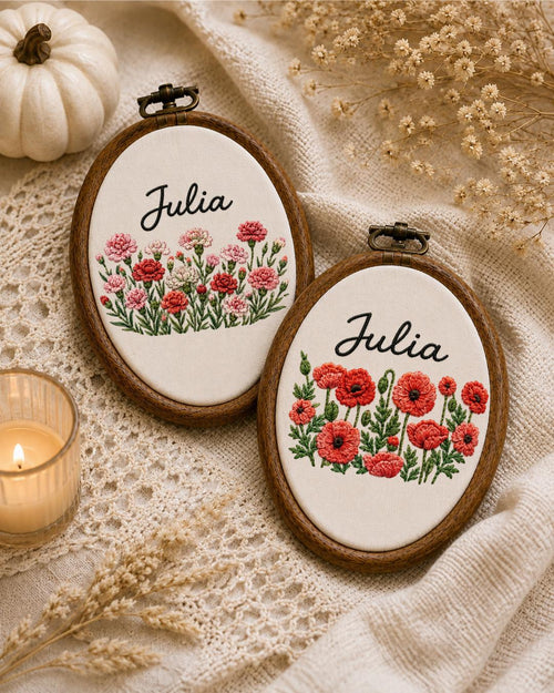 Personalized Birth Flower Embroidered Ornament, Custom Name Floral Hoop, Carnation Poppy Flower Gift, Botanical Keepsake, Nursery Decor
