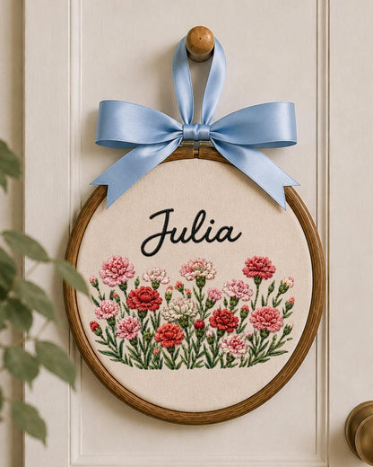Personalized Birth Flower Embroidered Ornament, Custom Name Floral Hoop, Carnation Poppy Flower Gift, Botanical Keepsake, Nursery Decor