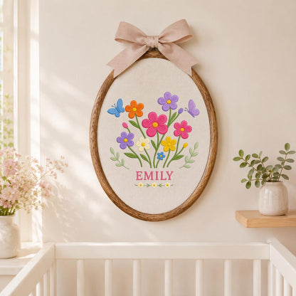 Personalized Floral Garden Oval Hoop Art Decor, Custom Embroidered Wildflower Butterfly Name Sign, Girl Birthday Gift Nursery Decor