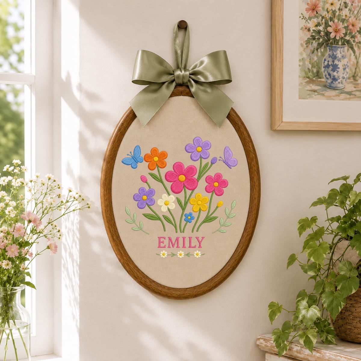 Personalized Floral Garden Oval Hoop Art Decor, Custom Embroidered Wildflower Butterfly Name Sign, Girl Birthday Gift Nursery Decor