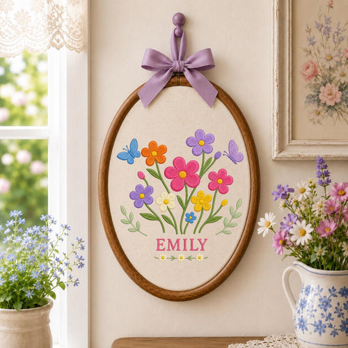 Personalized Floral Garden Oval Hoop Art Decor, Custom Embroidered Wildflower Butterfly Name Sign, Girl Birthday Gift Nursery Decor