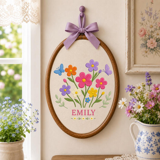 Personalized Floral Garden Oval Hoop Art Decor, Custom Embroidered Wildflower Butterfly Name Sign, Girl Birthday Gift Nursery Decor