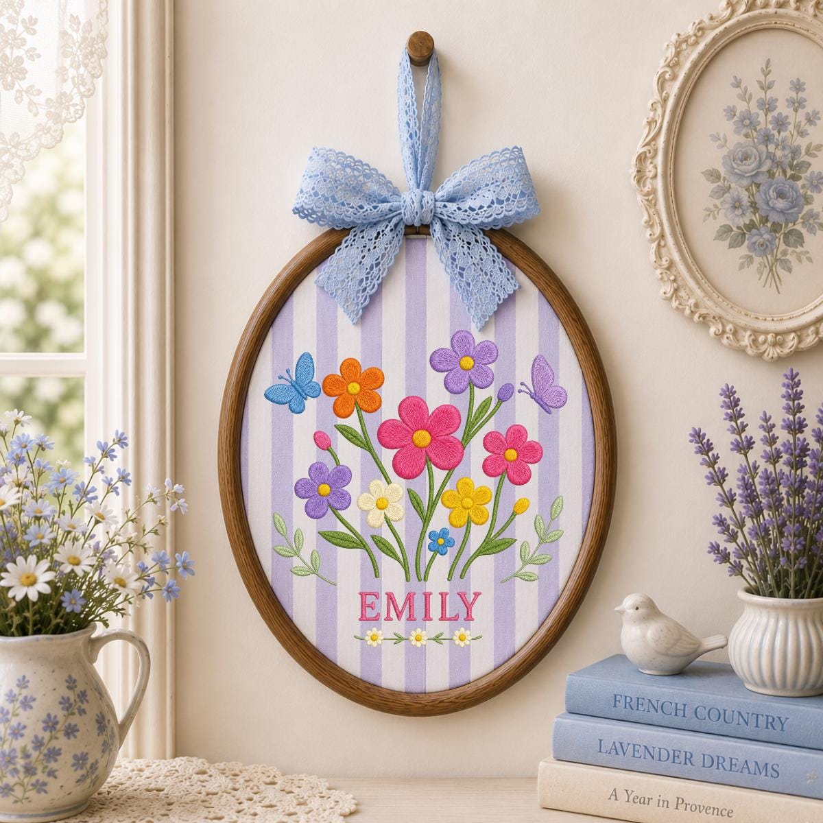 Personalized Floral Garden Oval Hoop Art Decor, Custom Embroidered Wildflower Butterfly Name Sign, Girl Birthday Gift Nursery Decor