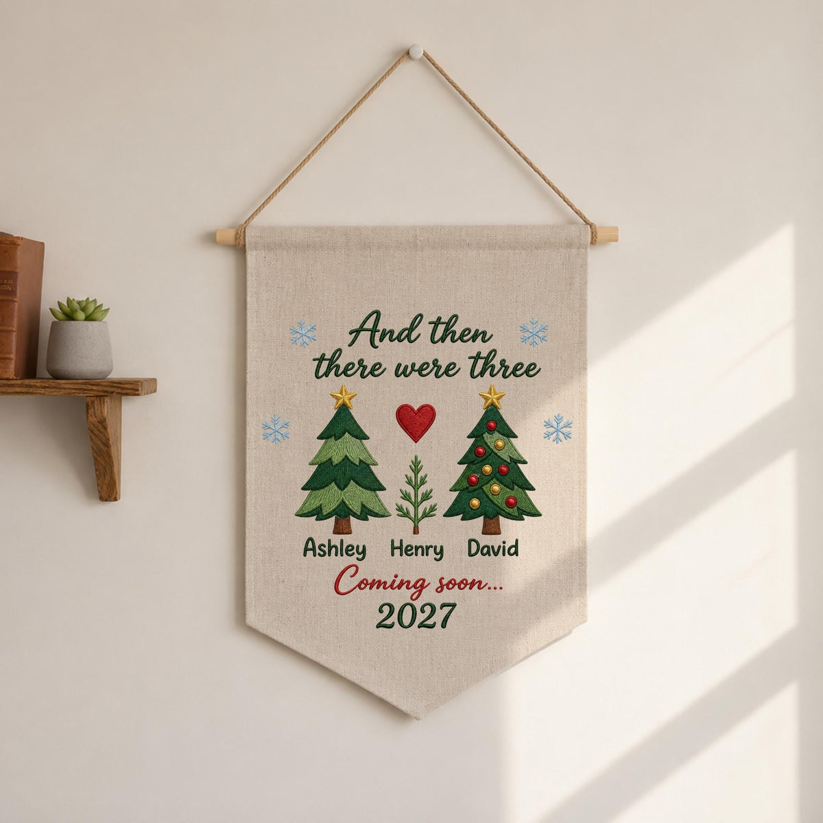 Personalized Pregnancy Announcement Embroidered Wall Hanging Banner, Christmas Baby Announcement, And Then There Were Three, Coming Soon2027