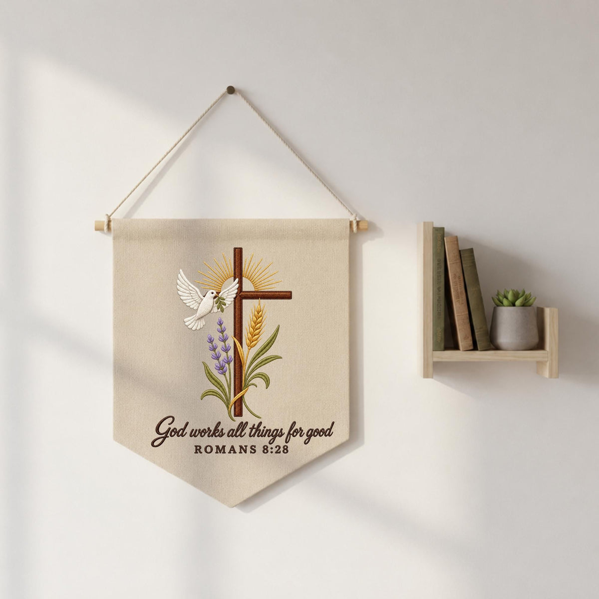Embroidered Christian Wall Hanging Banner, Romans 8:28 Bible Verse Decor, Cross and Dove Wall Art, Faith Based Christian Home Gift