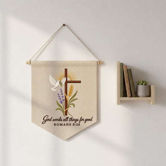 Embroidered Christian Wall Hanging Banner, Romans 8:28 Bible Verse Decor, Cross and Dove Wall Art, Faith Based Christian Home Gift