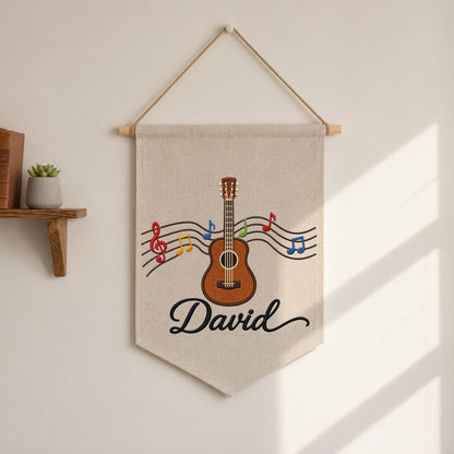 Personalized Guitar Embroidered Wall Hanging Banner, Custom Music Name Sign, Guitar Player Gift, Music Room Decor, Music Lover Gift