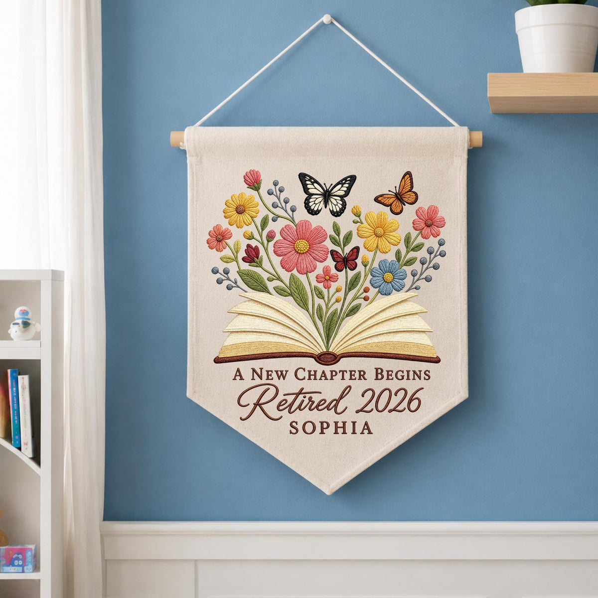 Personalized Retirement Embroidered Wall Hanging Banner, A New Chapter Begins Gift, Retired 2026 Decor, Book Lover Retirement Keepsake