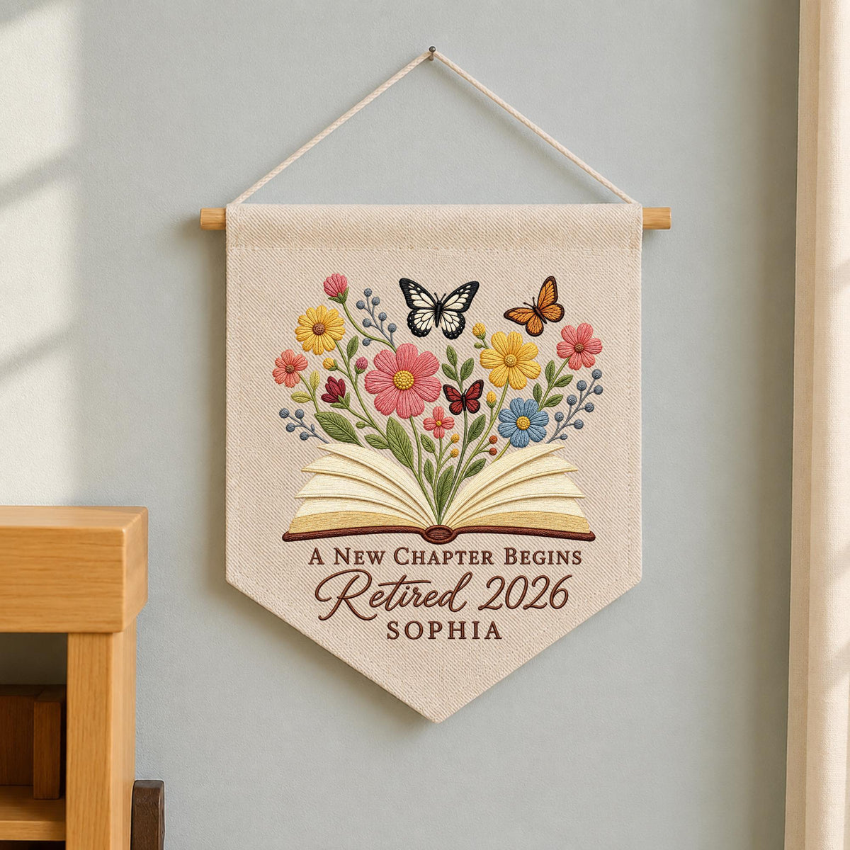 Personalized Retirement Embroidered Wall Hanging Banner, A New Chapter Begins Gift, Retired 2026 Decor, Book Lover Retirement Keepsake