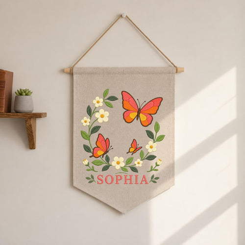 Custom Name Orange Butterfly Embroidered Canvas Banner Decor, Coral Floral Wreath Baby Girl Room Wall Hanging Sign, Baby Shower Gift