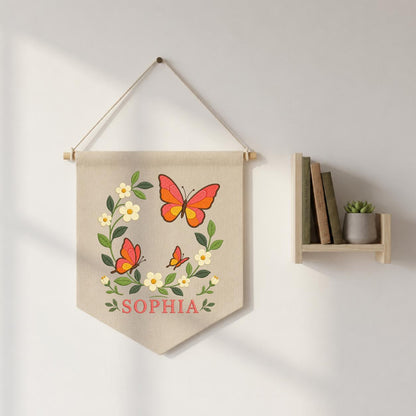 Custom Name Orange Butterfly Embroidered Canvas Banner Decor, Coral Floral Wreath Baby Girl Room Wall Hanging Sign, Baby Shower Gift