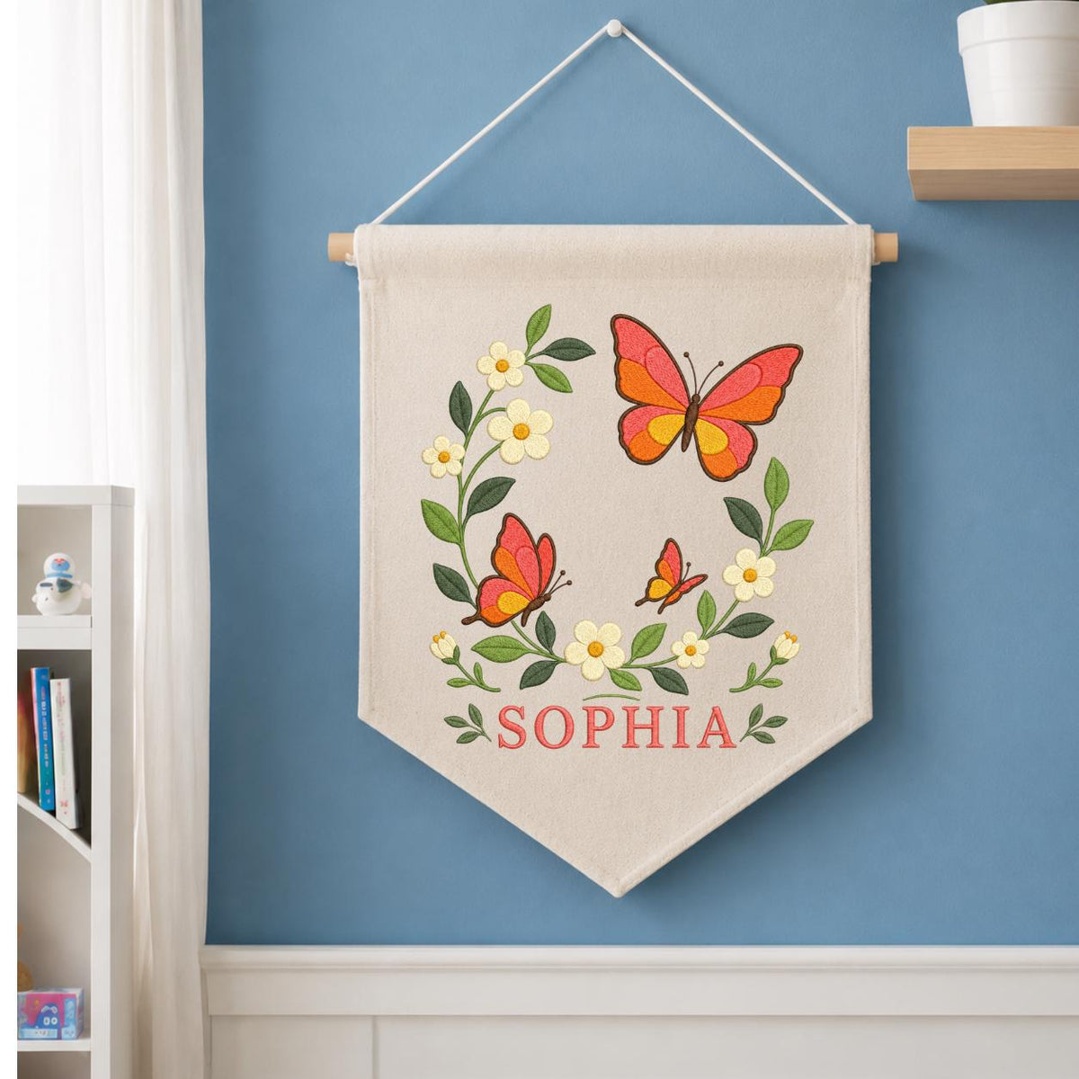 Custom Name Orange Butterfly Embroidered Canvas Banner Decor, Coral Floral Wreath Baby Girl Room Wall Hanging Sign, Baby Shower Gift