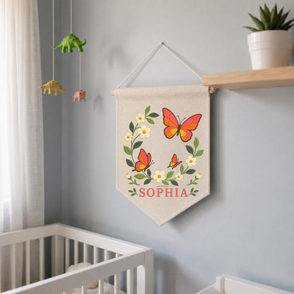 Custom Name Orange Butterfly Embroidered Canvas Banner Decor, Coral Floral Wreath Baby Girl Room Wall Hanging Sign, Baby Shower Gift