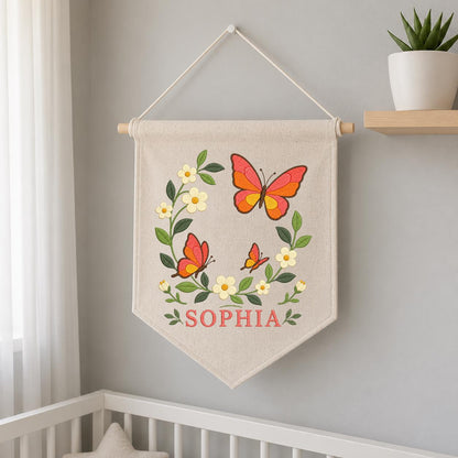 Custom Name Orange Butterfly Embroidered Canvas Banner Decor, Coral Floral Wreath Baby Girl Room Wall Hanging Sign, Baby Shower Gift