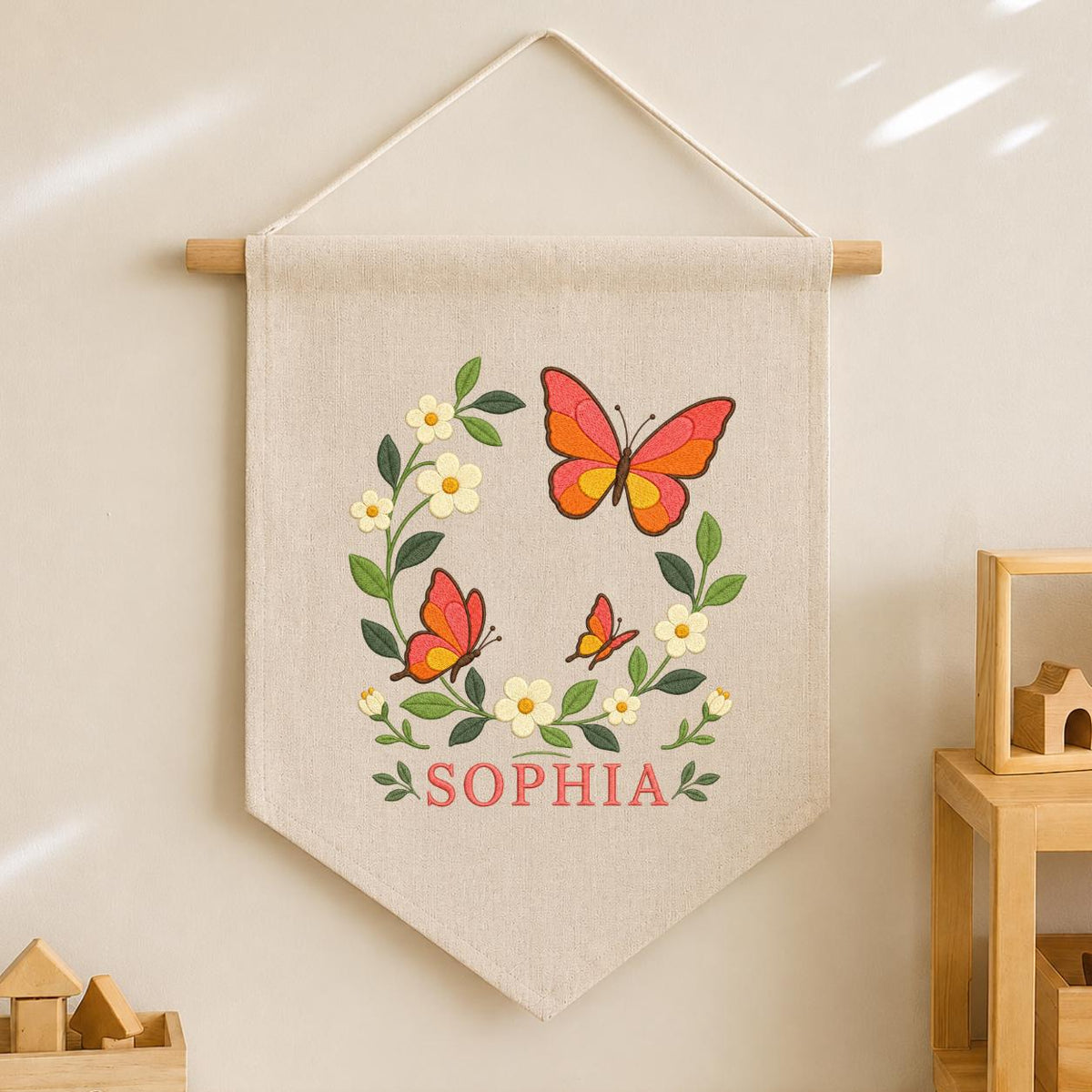 Custom Name Orange Butterfly Embroidered Canvas Banner Decor, Coral Floral Wreath Baby Girl Room Wall Hanging Sign, Baby Shower Gift
