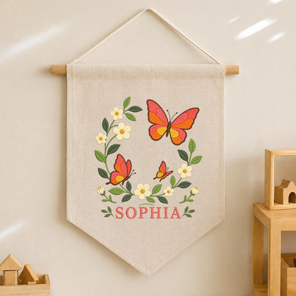 Custom Name Orange Butterfly Embroidered Canvas Banner Decor, Coral Floral Wreath Baby Girl Room Wall Hanging Sign, Baby Shower Gift