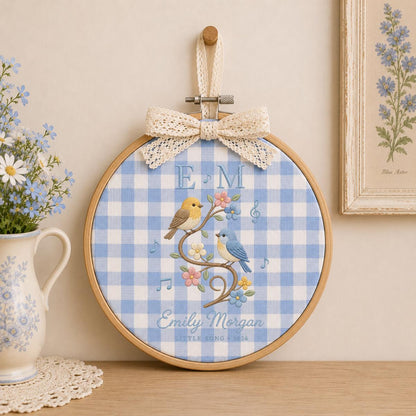 Personalized Bird Music Notes Oval Hoop Art, Custom Name Emily Morgan Little Song Embroidered Girl Nursery Wall Hanging Sign Decor