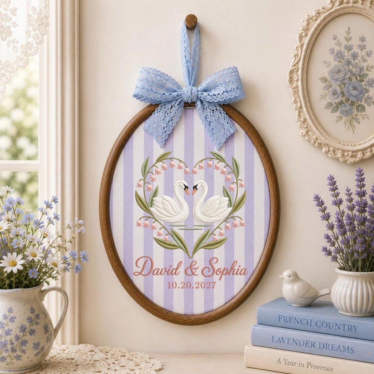Personalized Embroidered Ornament, Swan Couple Wedding Ornament, Custom Names Wedding Gift, Anniversary Keepsake, Romantic Couple Gift