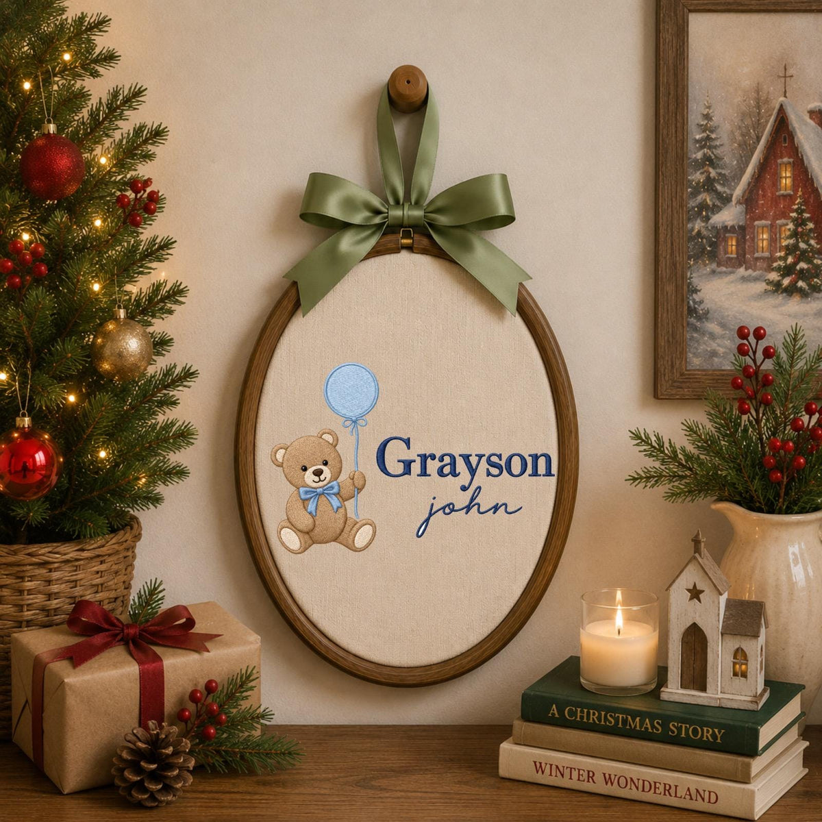 Personalized Embroidered Ornament, Teddy Bear Baby Name Ornament, Custom Nursery Decor, Baby Boy Gift, Newborn Keepsake, Baby Shower Gift