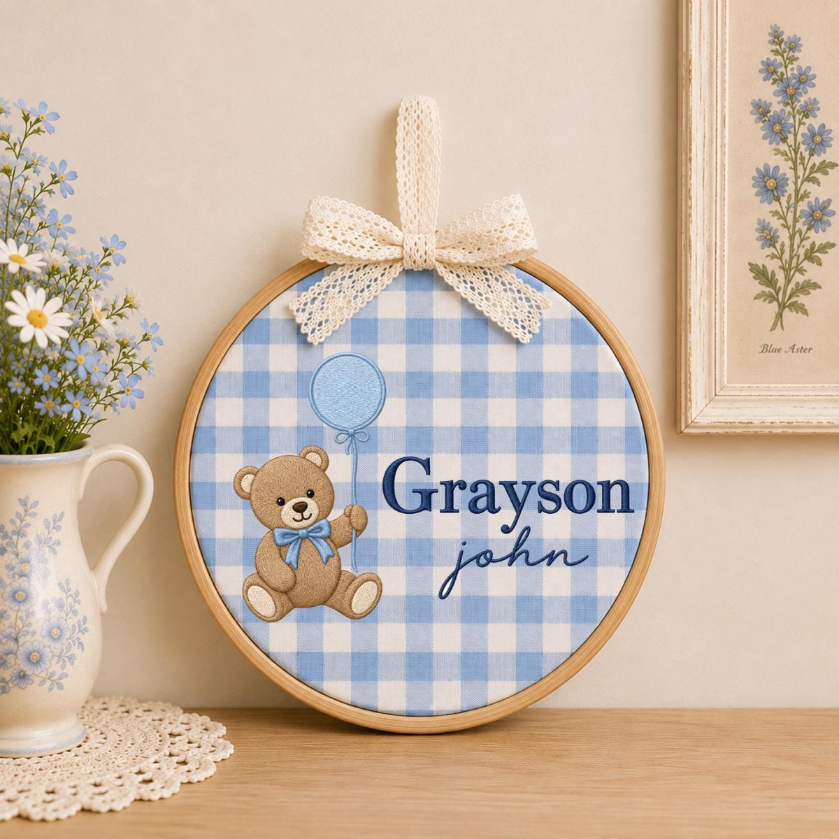 Personalized Embroidered Ornament, Teddy Bear Baby Name Ornament, Custom Nursery Decor, Baby Boy Gift, Newborn Keepsake, Baby Shower Gift