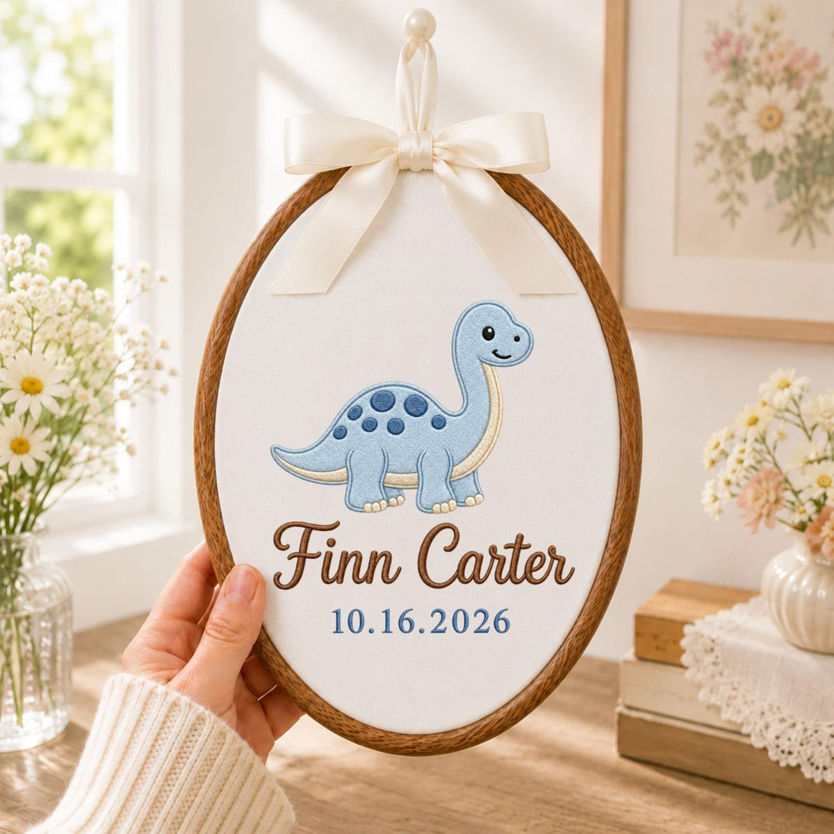 Personalized Embroidered Ornament, Dinosaur Baby Name Ornament, Custom Name Nursery Decor, Baby Boy Keepsake, Dinosaur Nursery Gift