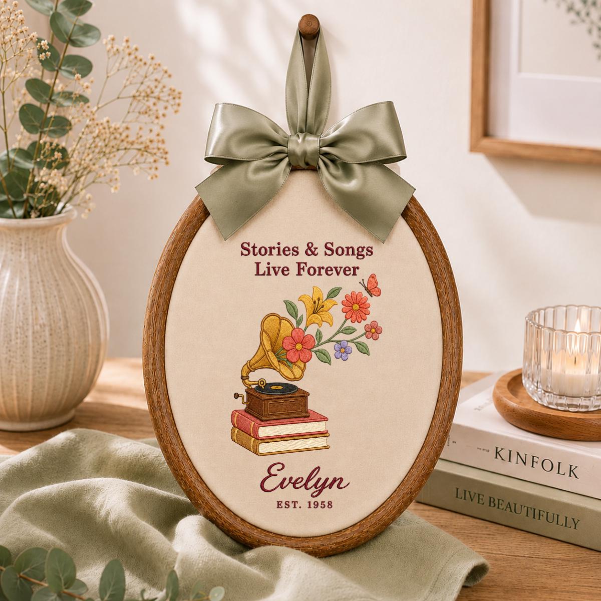 Personalized Music Book Lover Floral Gramophone Oval Hoop Decor, Stories Songs Live Forever Custom Embroidered Name Sign, Keepsake Gift