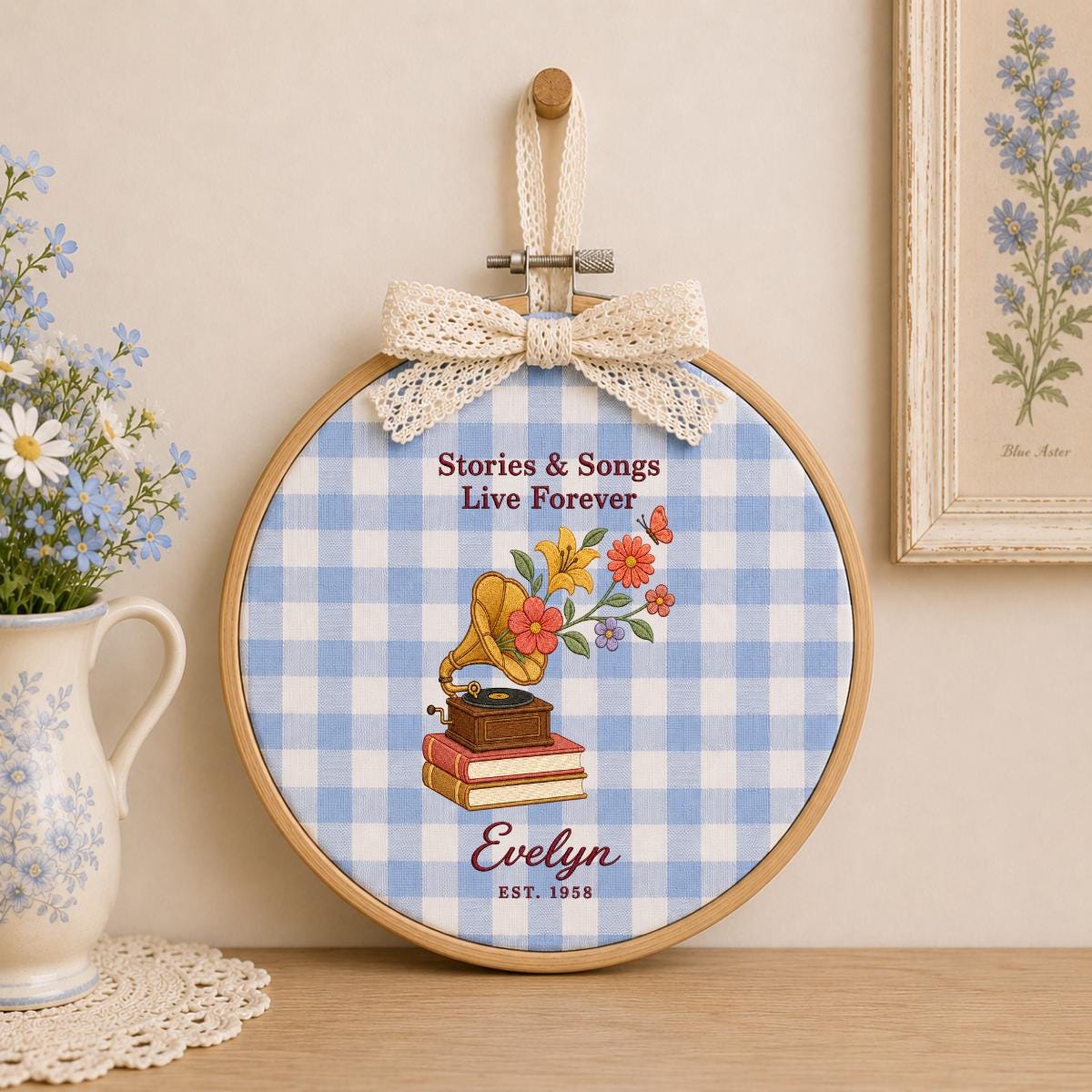 Personalized Music Book Lover Floral Gramophone Oval Hoop Decor, Stories Songs Live Forever Custom Embroidered Name Sign, Keepsake Gift
