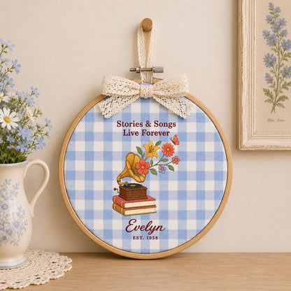 Personalized Music Book Lover Floral Gramophone Oval Hoop Decor, Stories Songs Live Forever Custom Embroidered Name Sign, Keepsake Gift