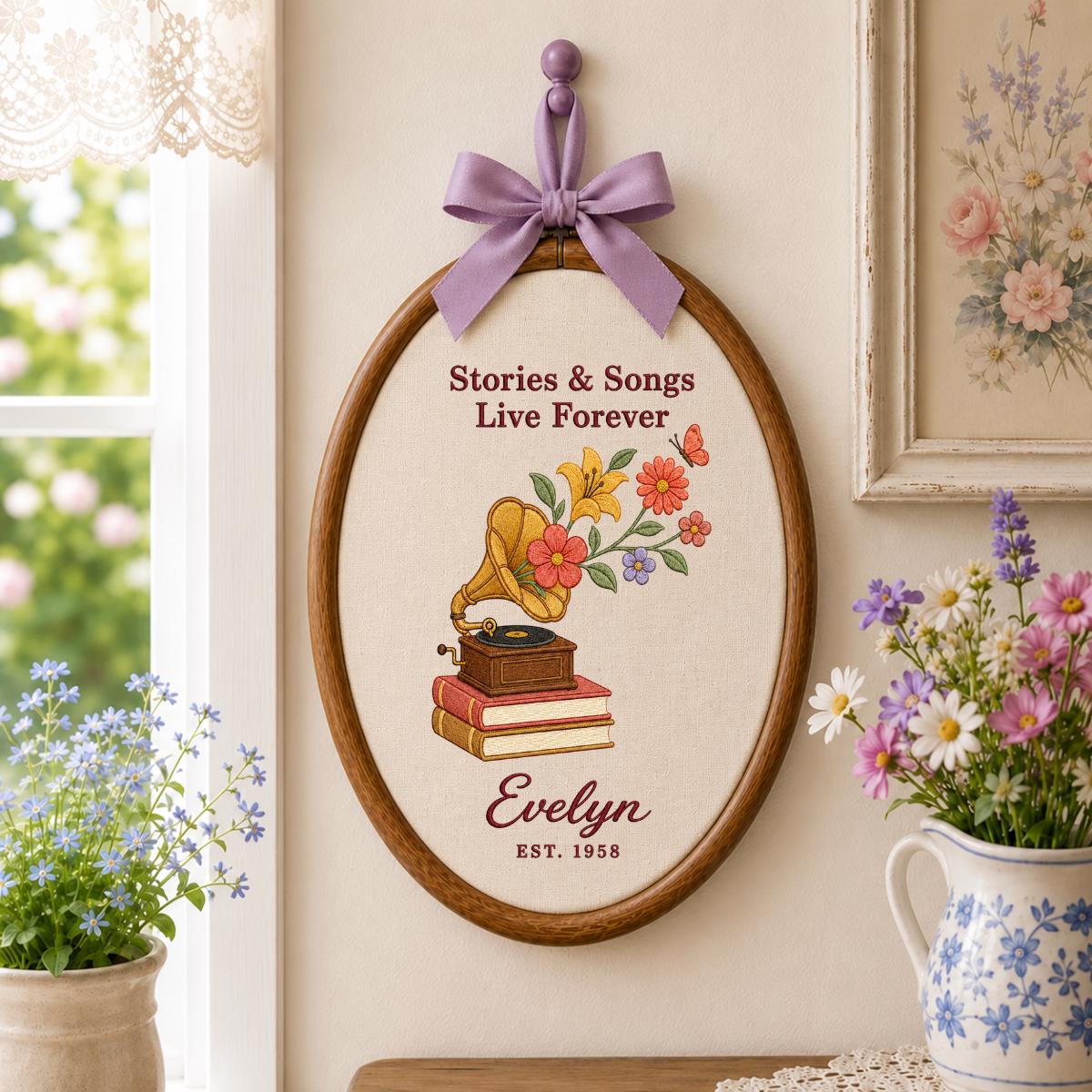 Personalized Music Book Lover Floral Gramophone Oval Hoop Decor, Stories Songs Live Forever Custom Embroidered Name Sign, Keepsake Gift