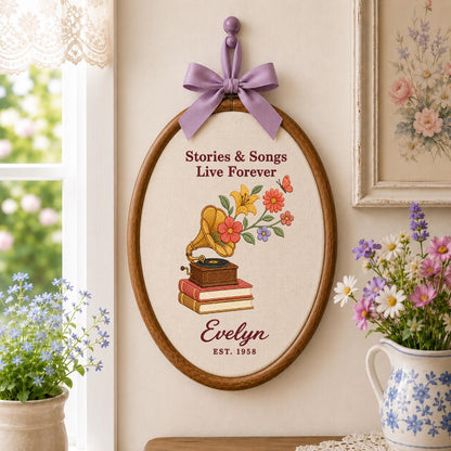 Personalized Music Book Lover Floral Gramophone Oval Hoop Decor, Stories Songs Live Forever Custom Embroidered Name Sign, Keepsake Gift